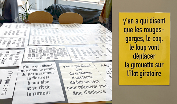 Feuilles A4 sur lequelles sont imprimées des phrases commençant par Y'en a qui disent…